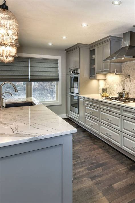 gray cabinets with white quartz